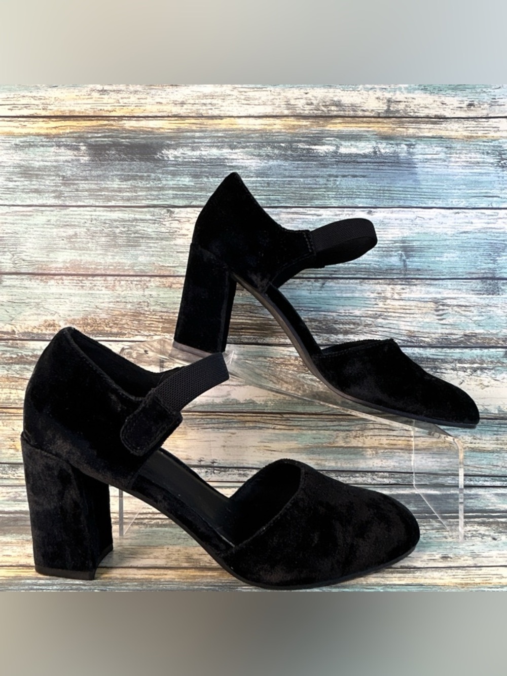 Eileen Fisher Malta Mary Jane Pumps Womens Sz 8 Black Velvet Block Heel Evening
